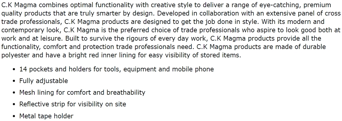 ווסט מקצועי לכלי עבודה - CK MAGMA MA2729